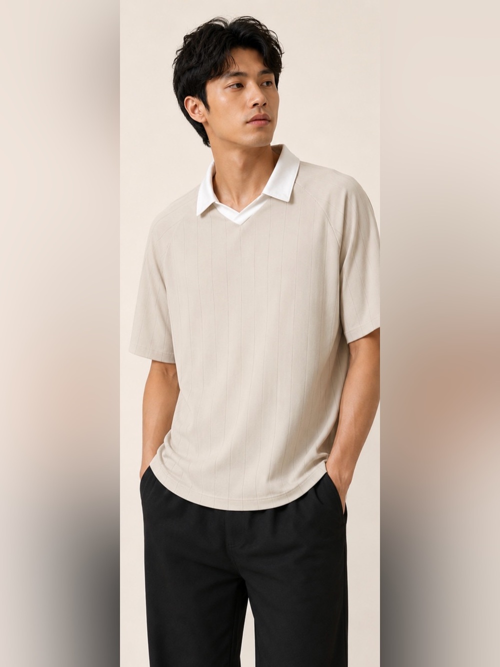 NWT AILRSES Beige Pinstripe Polo Shirt Men’s Medium Casual Short Sleeve Top